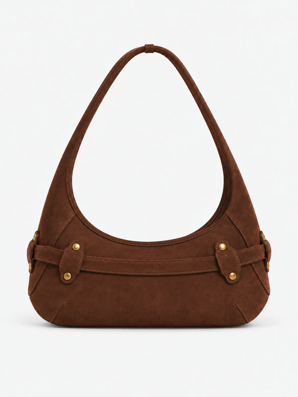 Matte suede-finish half-moon shoulder bag with gold horsebit bar hardware and dome studs, detail view 19
