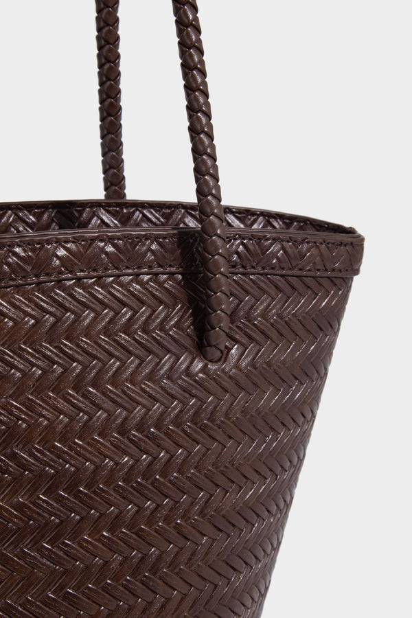 Chevron-woven bucket tote bag with braided shoulder straps and matching drawstring pouch, detail view 27