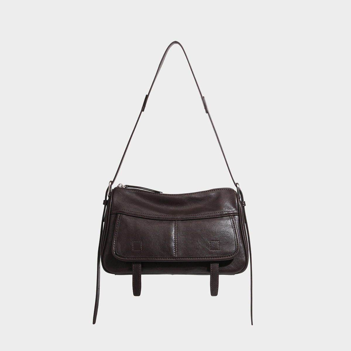 Structured rectangular flap-front shoulder bag in dark espresso leather-look finish with silver-tone hardware and long, front