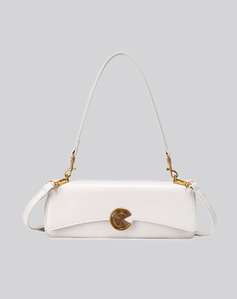 Structured rectangular flap bag with gold-tone circular turn-lock closure and detachable crossbody strap, detail view 13