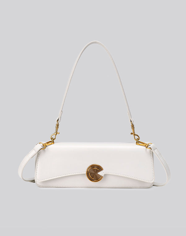 Structured rectangular flap bag with gold-tone circular turn-lock closure and detachable crossbody strap, detail view 13