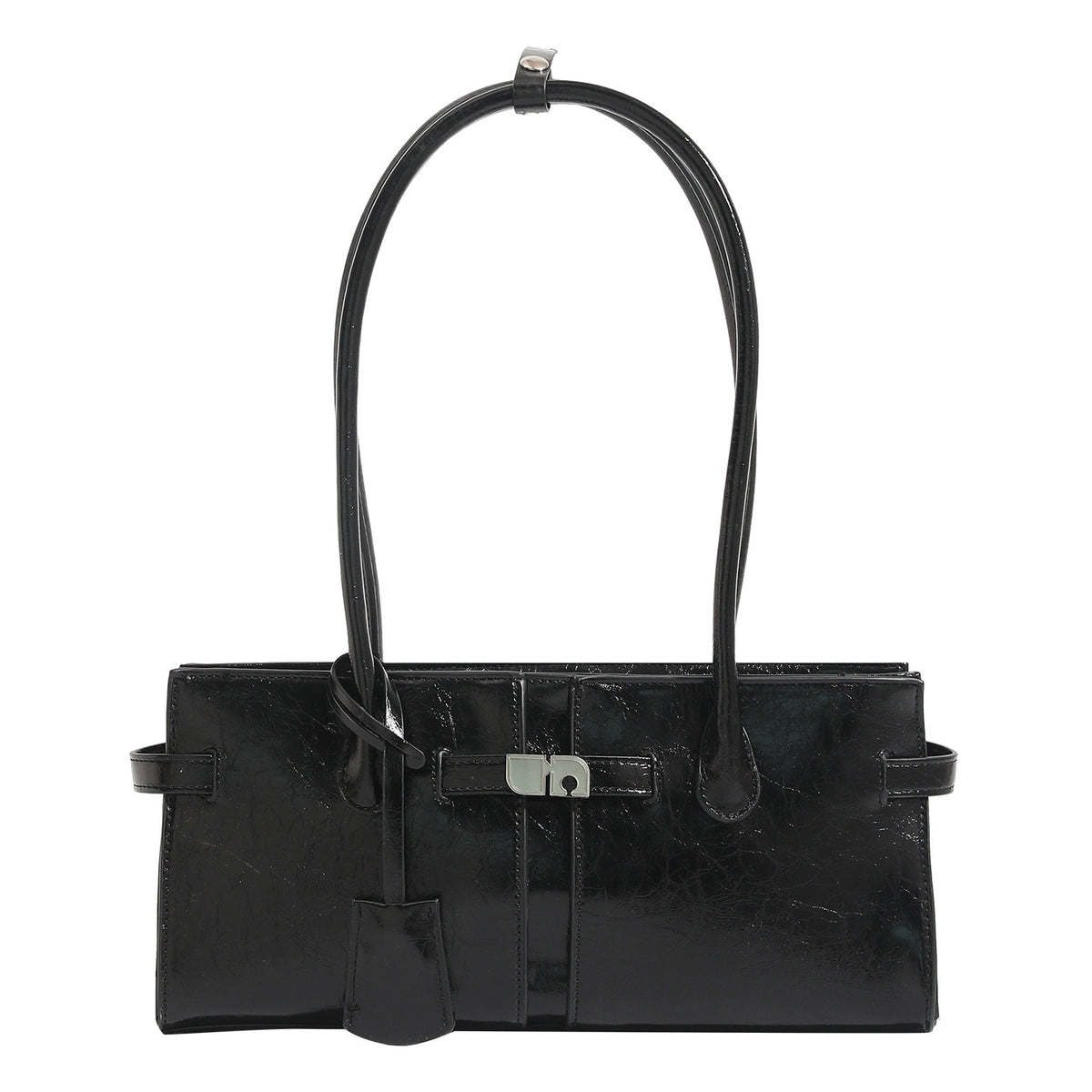 Structured glossy leather-look tote bag with long loop handles and silver turn-lock buckle closure, detail view 5