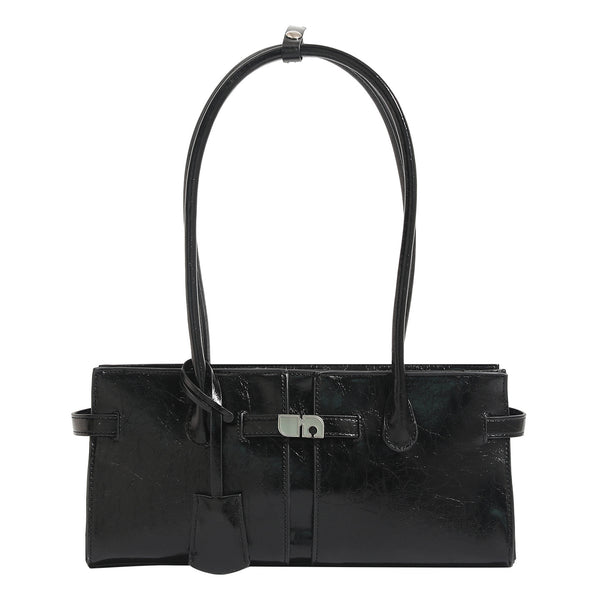 Structured glossy leather-look tote bag with long loop handles and silver turn-lock buckle closure, detail view 5