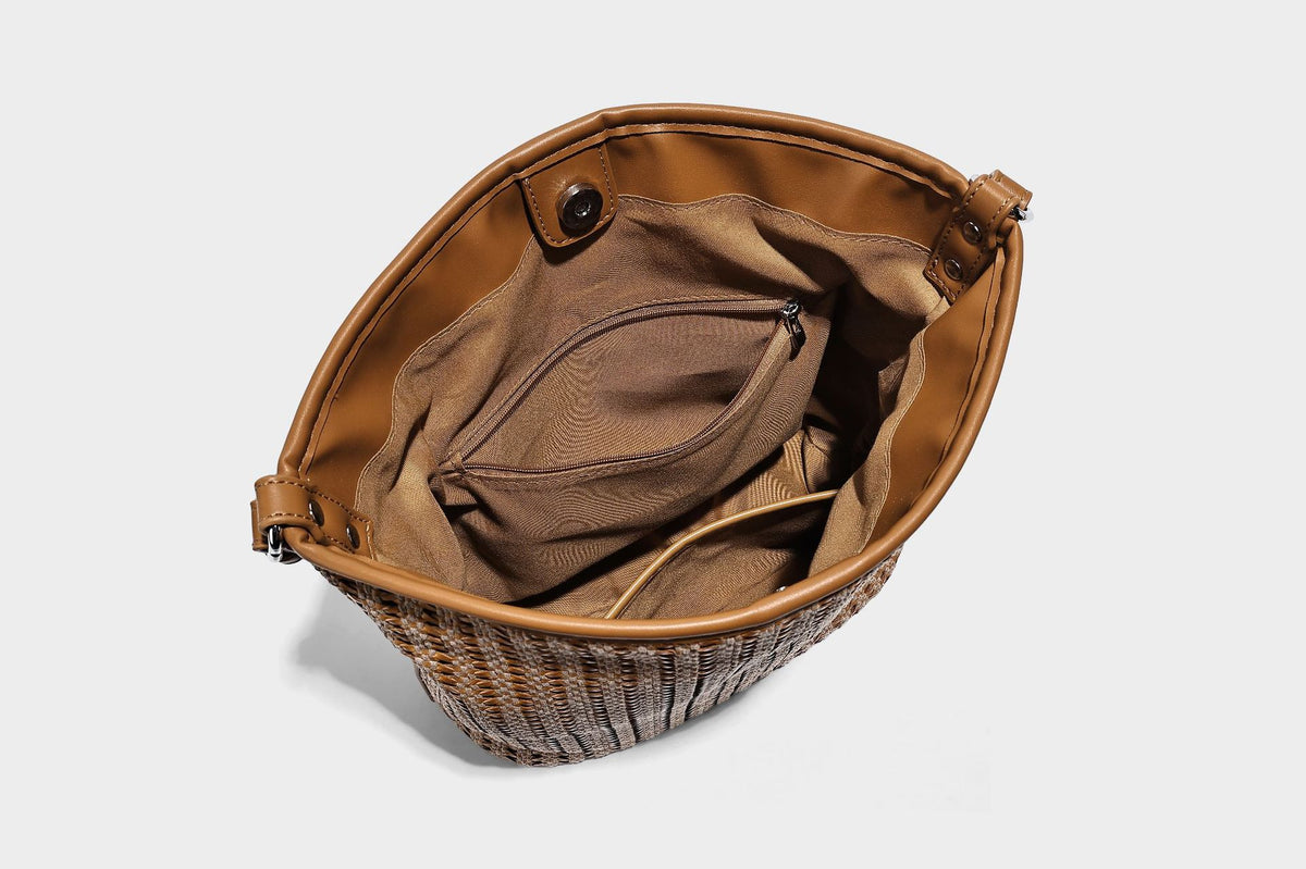Slouchy open-weave hobo shoulder bag with leather-look trim, beaded tassel charm, and adjustable strap, detail view 26