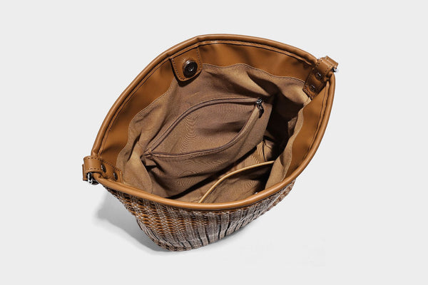 Slouchy open-weave hobo shoulder bag with leather-look trim, beaded tassel charm, and adjustable strap, detail view 26