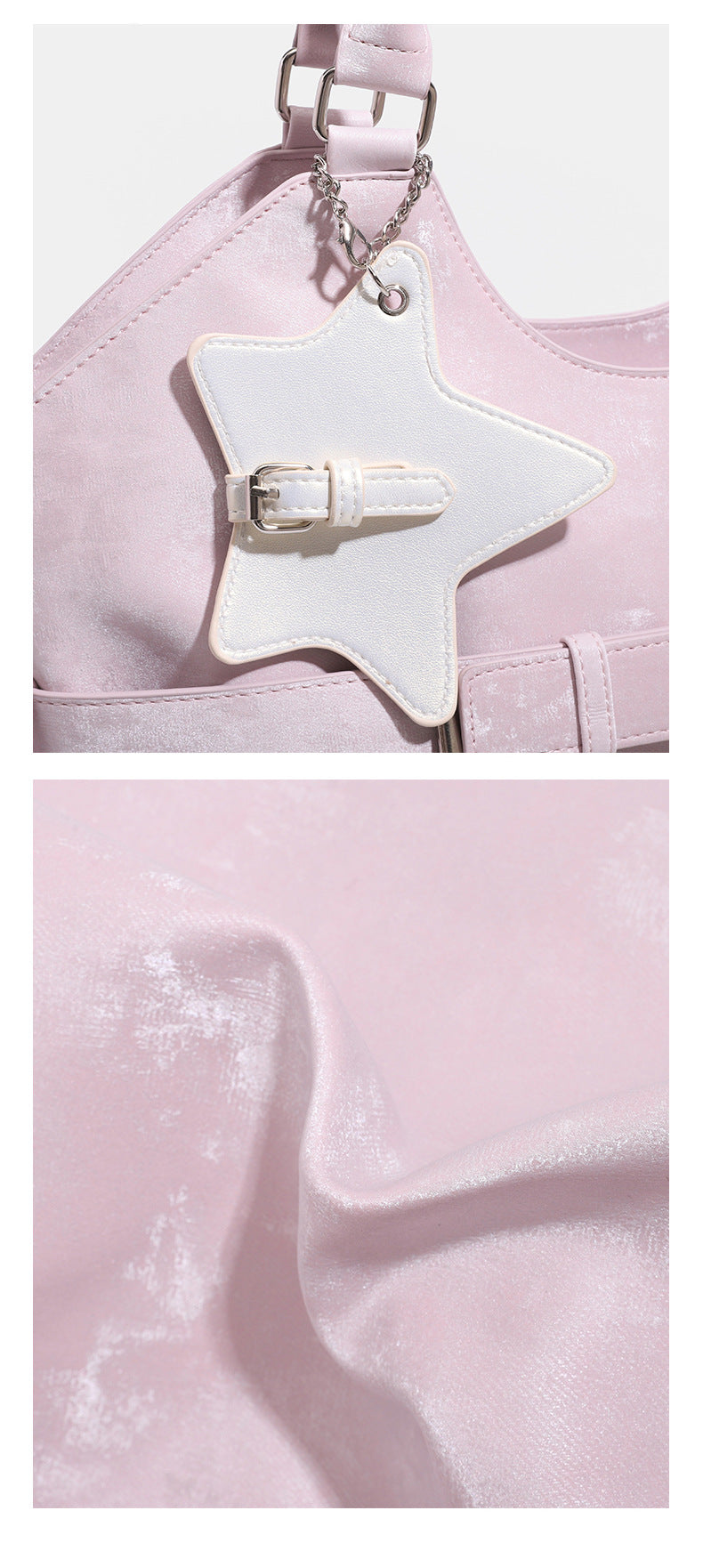 Large soft hobo shoulder bag with glossy textured finish, decorative belt buckle, star charm, and silver-tone hardware