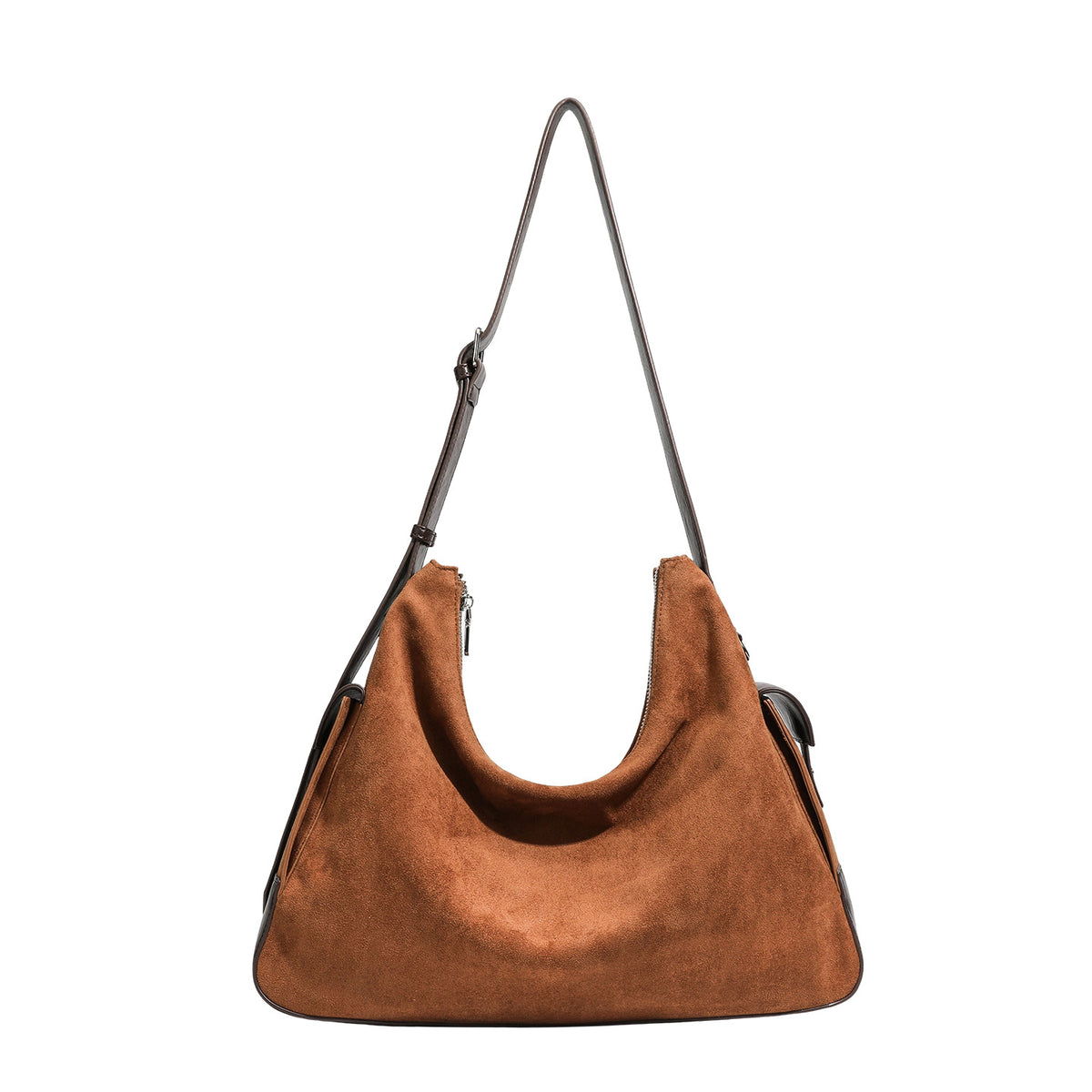Cognac brown suede-look slouchy shoulder bag with dark brown leather-look trim, top zip closure, exterior side pocket, and