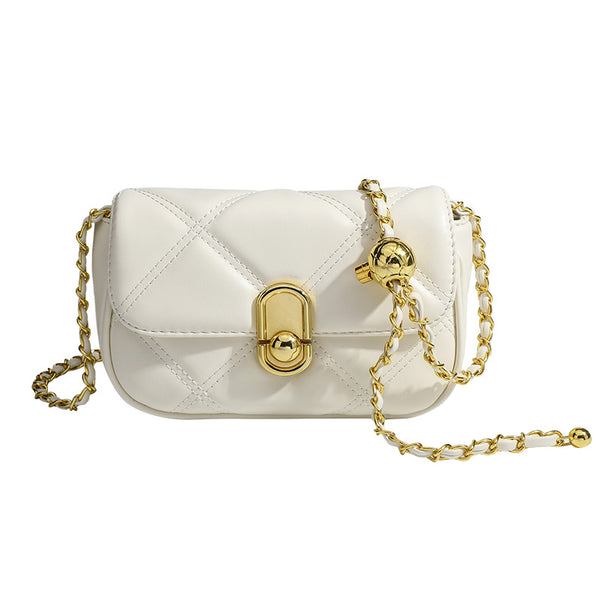 Compact diamond-quilted mini crossbody bag with gold-tone turn-lock closure and woven chain strap, detail view 5