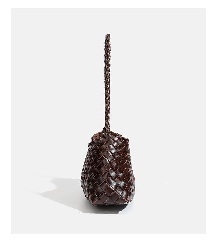 Dark brown hand-woven leather-look hobo shoulder bag with braided strap and drawstring closure, detail view 21