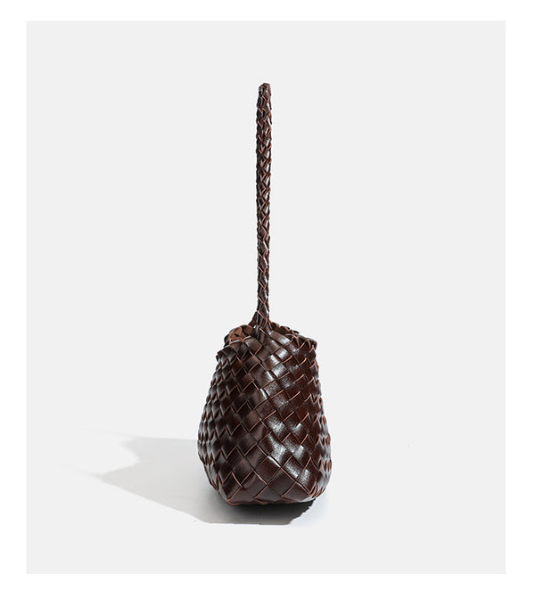 Dark brown hand-woven leather-look hobo shoulder bag with braided strap and drawstring closure, detail view 21