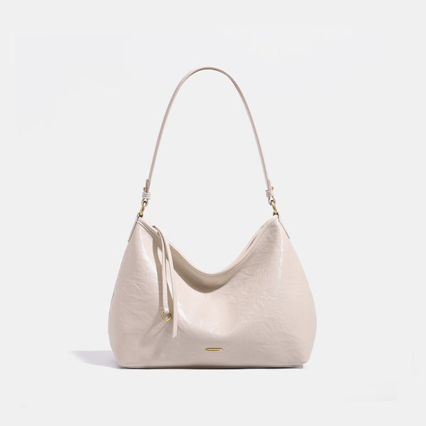 Large crinkled leather-look hobo shoulder bag with zip closure and gold-tone hardware, detail view 7