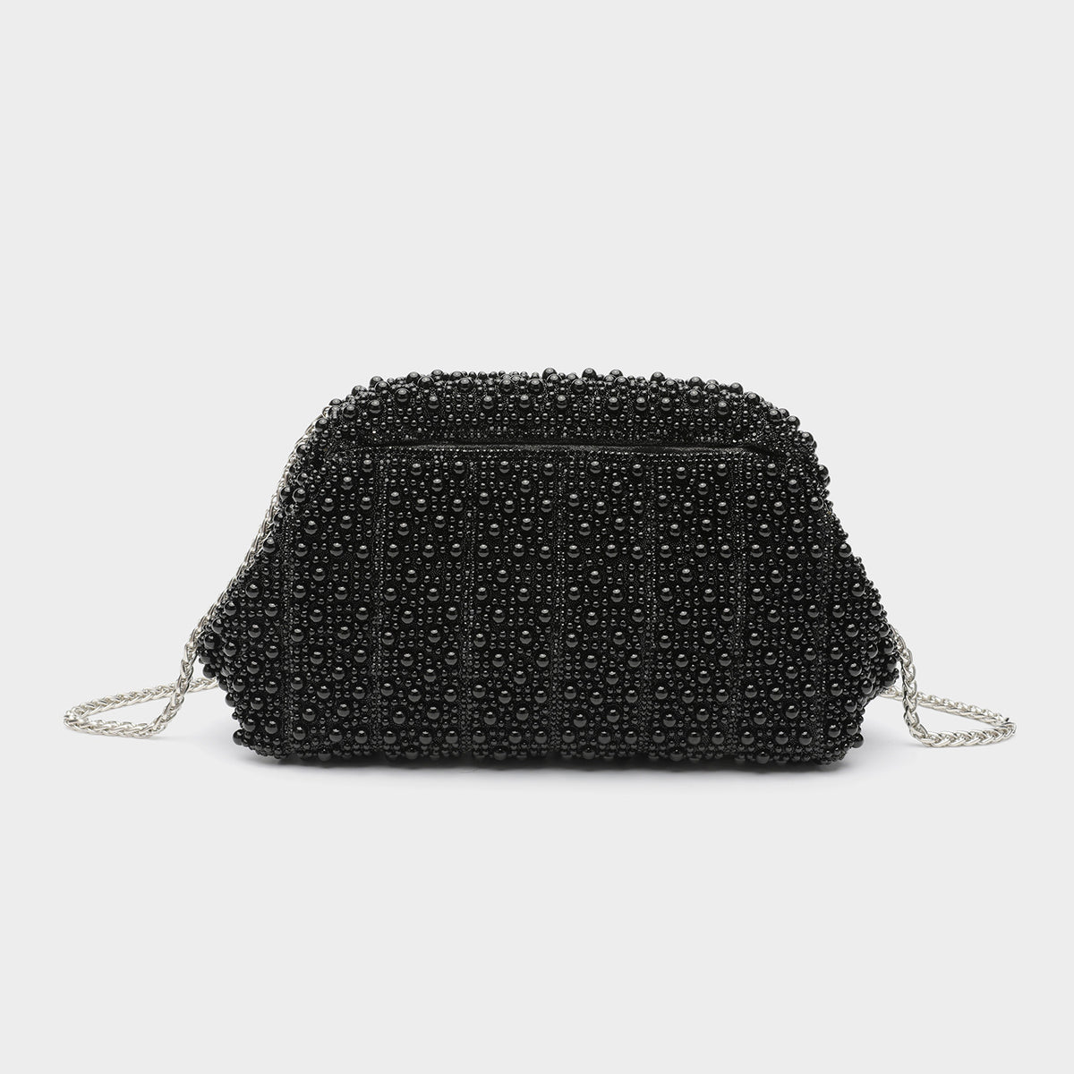 Structured faux-pearl beaded evening clutch bag with silver-tone chain strap and top zip closure, detail view 9