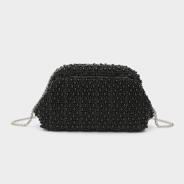 Structured faux-pearl beaded evening clutch bag with silver-tone chain strap and top zip closure, detail view 9
