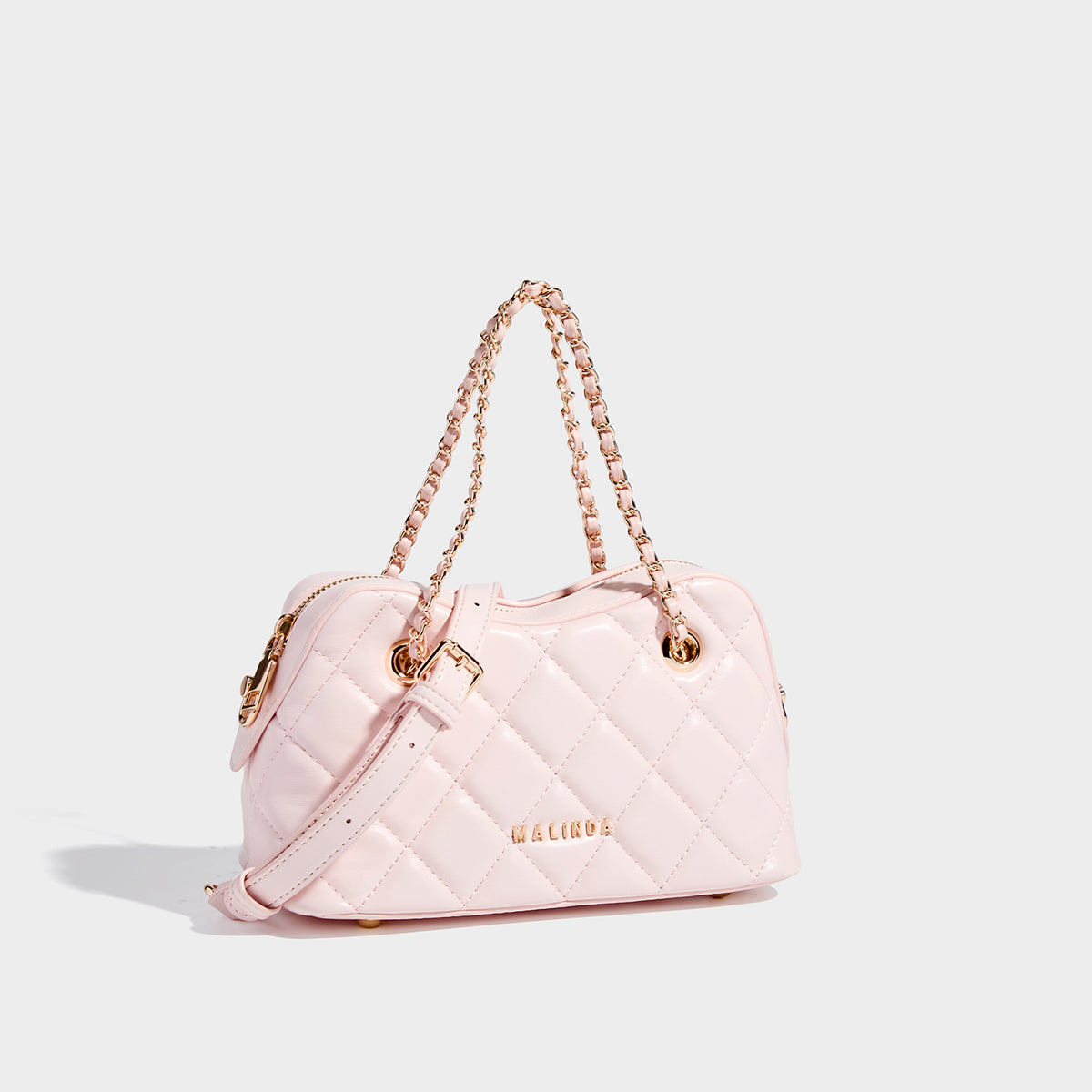 Diamond-quilted mini shoulder bag with gold-tone chain strap and top zip closure, detail view 3