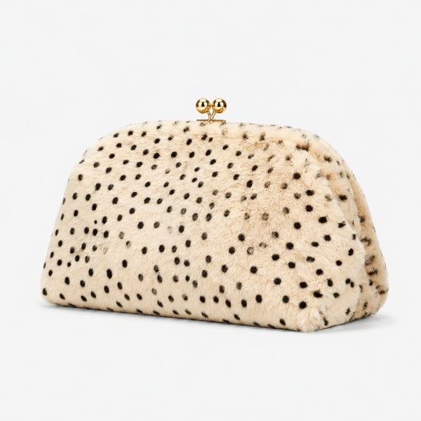 Rounded spotted faux-fur kiss-lock clutch bag with gold-tone chain strap in cream with black dot print, detail view 3