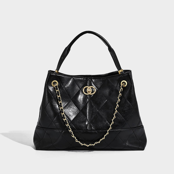 Gesteppte zweifarbige Schulter-Tote-Bag mit goldfarbener Kettenriemen und ineinandergreifendem Ringemblem im Colorblocking aus Apricot und Schwarz, Detailansicht