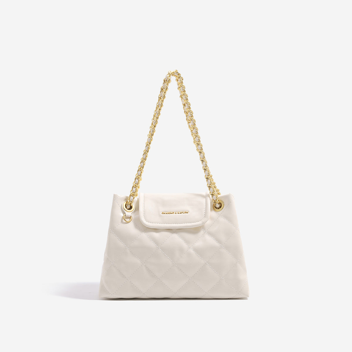 Structured diamond-quilted glossy black shoulder tote bag with interwoven silver chain strap and front flap snap pocket