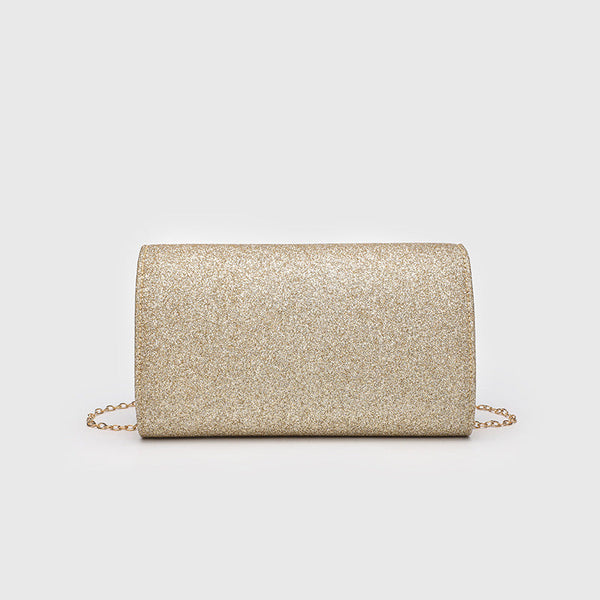 Structured glitter envelope clutch bag with gold-tone V-bar hardware and detachable chain strap, detail view 2