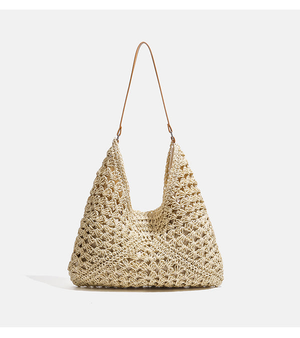 Natural ivory open-weave crochet hobo shoulder bag with tan leather-look strap and cream fabric lining, detail view 8