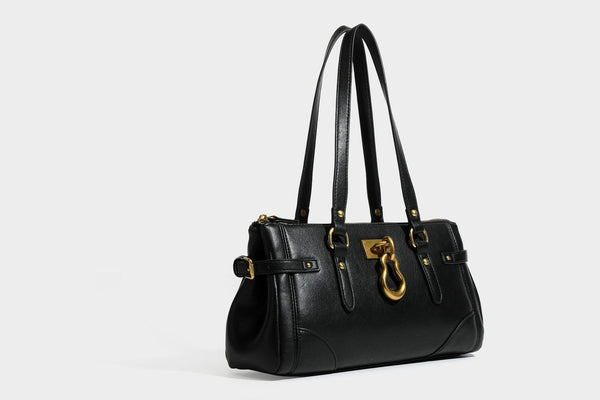 Strukturierte dunkelbraune Satchel-Tote in Lederoptik mit Ringverschluss in Antikgold-Optik, zwei Henkeln und seitlichem Riemen mit Schnalle