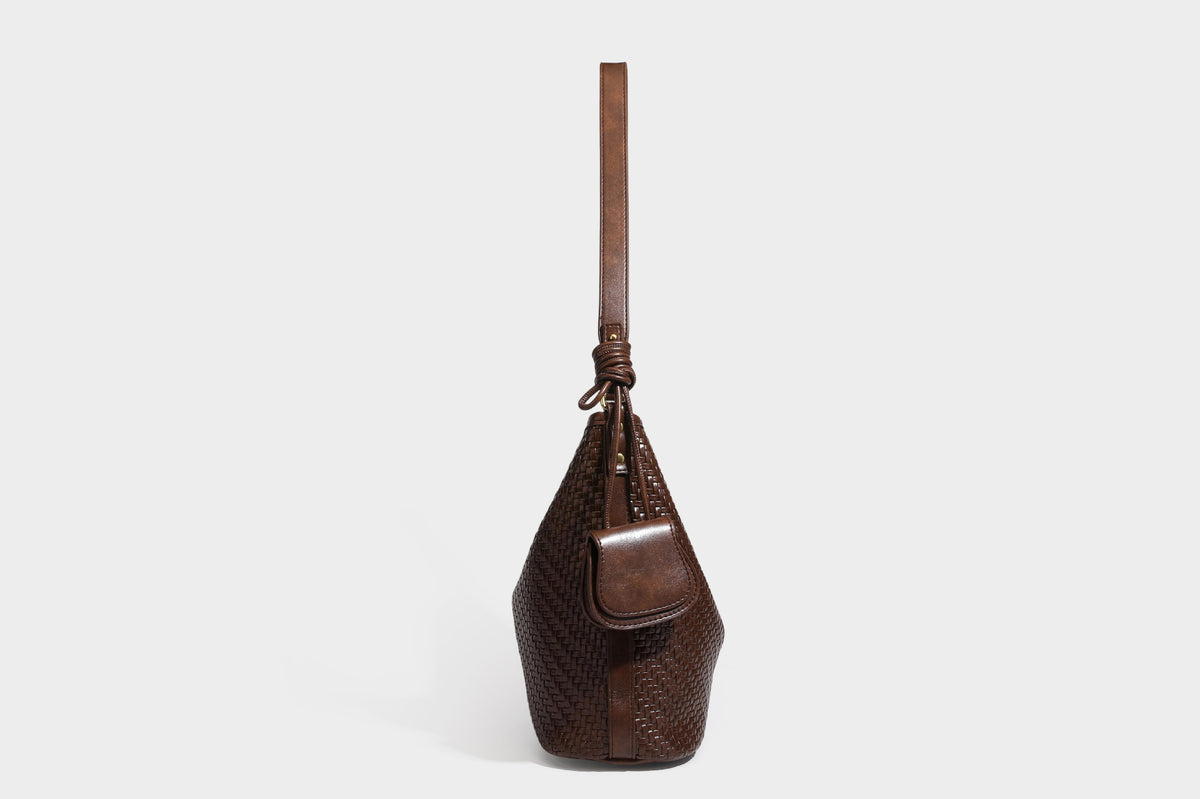 Woven-look slouchy hobo shoulder bag in brown with attached mini pouch and gold-tone hardware, detail view 29
