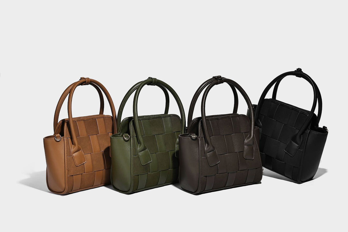 Small structured woven-panel mini tote bag with double top handles and detachable crossbody strap in matte leather-look