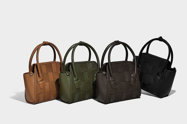 Small structured woven-panel mini tote bag with double top handles and detachable crossbody strap in matte leather-look