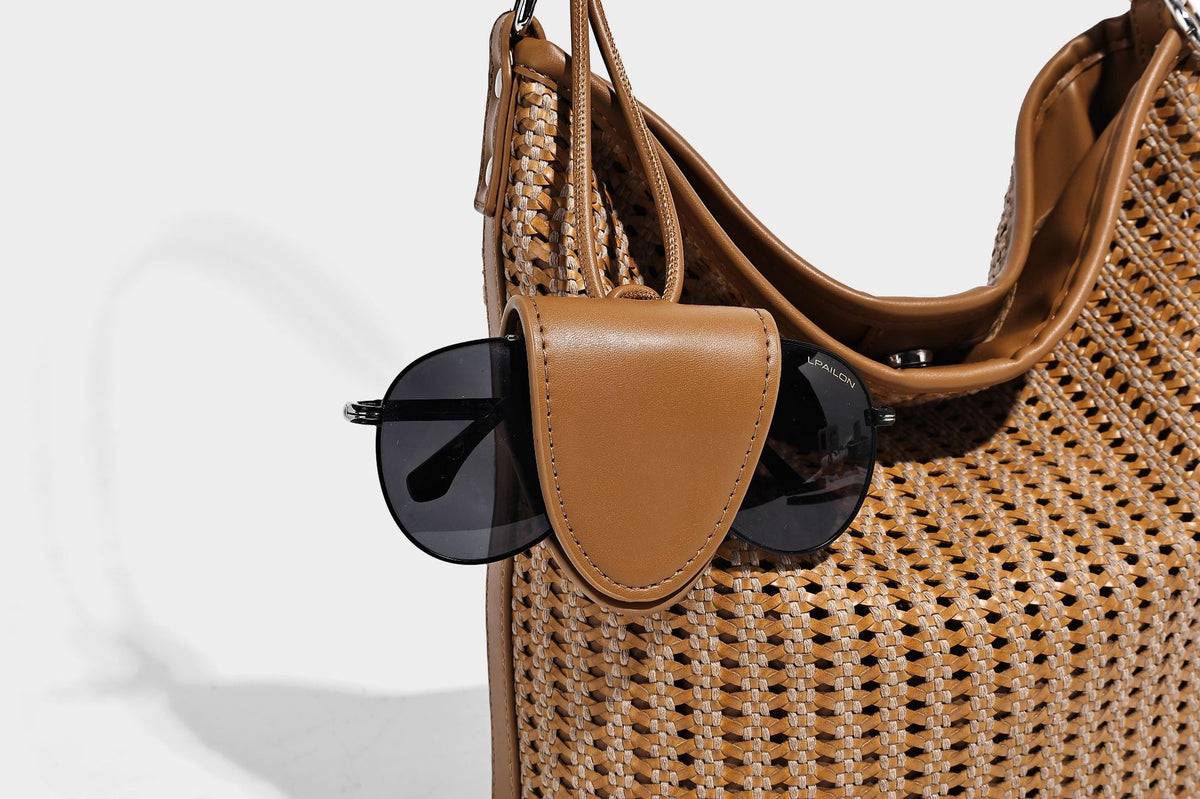 Slouchy open-weave hobo shoulder bag with leather-look trim, beaded tassel charm, and adjustable strap, detail view 21