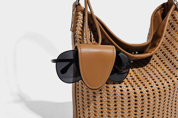 Slouchy open-weave hobo shoulder bag with leather-look trim, beaded tassel charm, and adjustable strap, detail view 21
