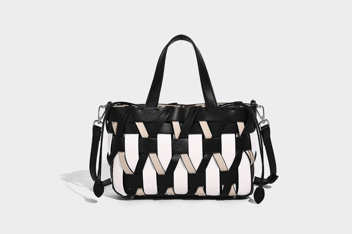 Small structured woven lattice tote bag with dual top handles and detachable shoulder strap in brown and cream leather-look