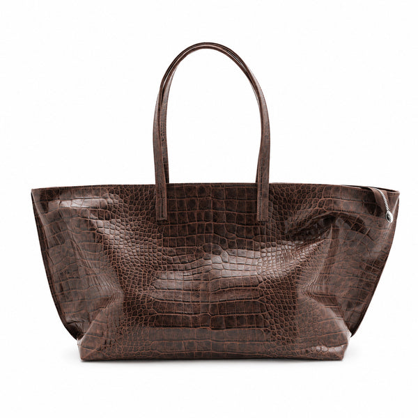 Oversized glossy crocodile-embossed tote bag with long double shoulder straps, detail view 4