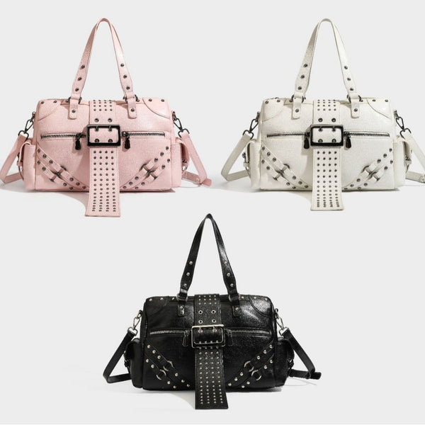 Glossy crinkled barrel handbag with silver stud buckle strap and detachable shoulder strap, detail view 43