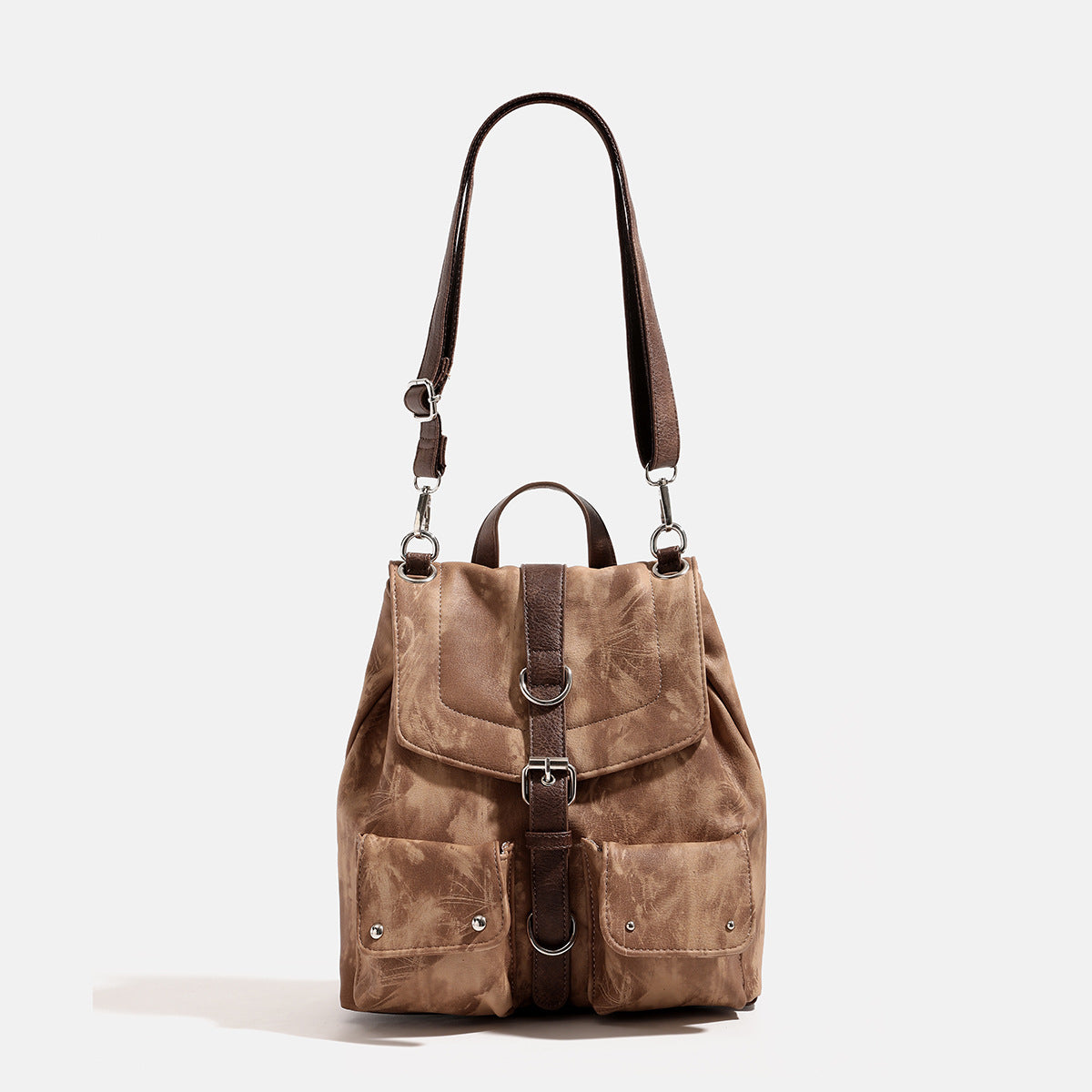 Compact distressed leather-look tan-brown backpack handbag with flap-and-buckle closure, two front patch pockets, top handle
