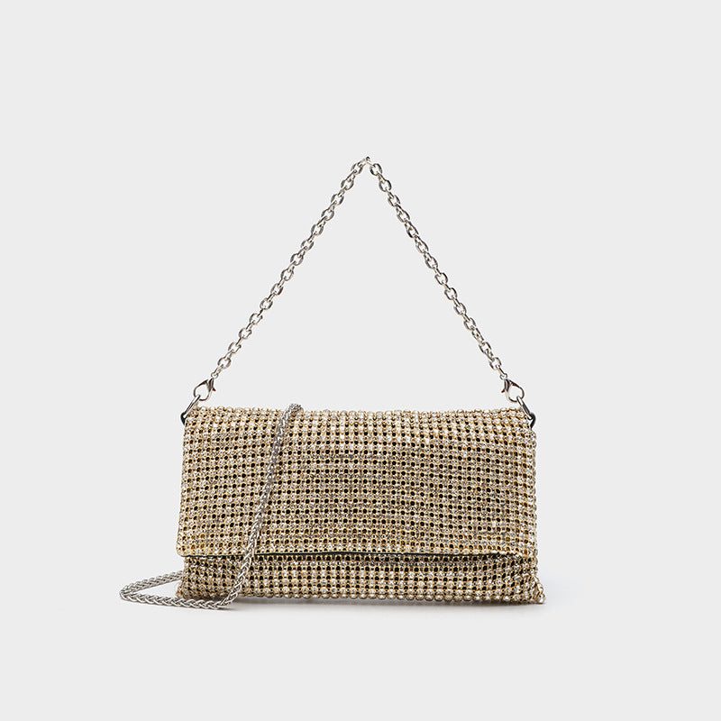 Small rectangular all-over rhinestone flap crossbody clutch bag with silver chain strap, detail view 4