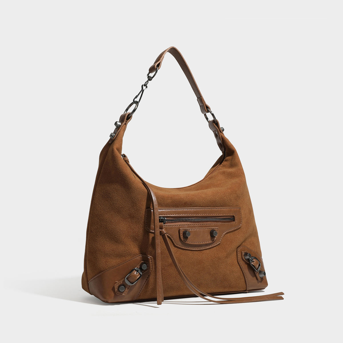 Slouchy suede-finish hobo shoulder bag with dark hardware, exterior zip pocket, tassel ties, and detachable crossbody strap