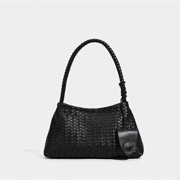 Woven leather-look shoulder bag with braided strap, trapezoidal body, and matching zip pouch, detail view 7