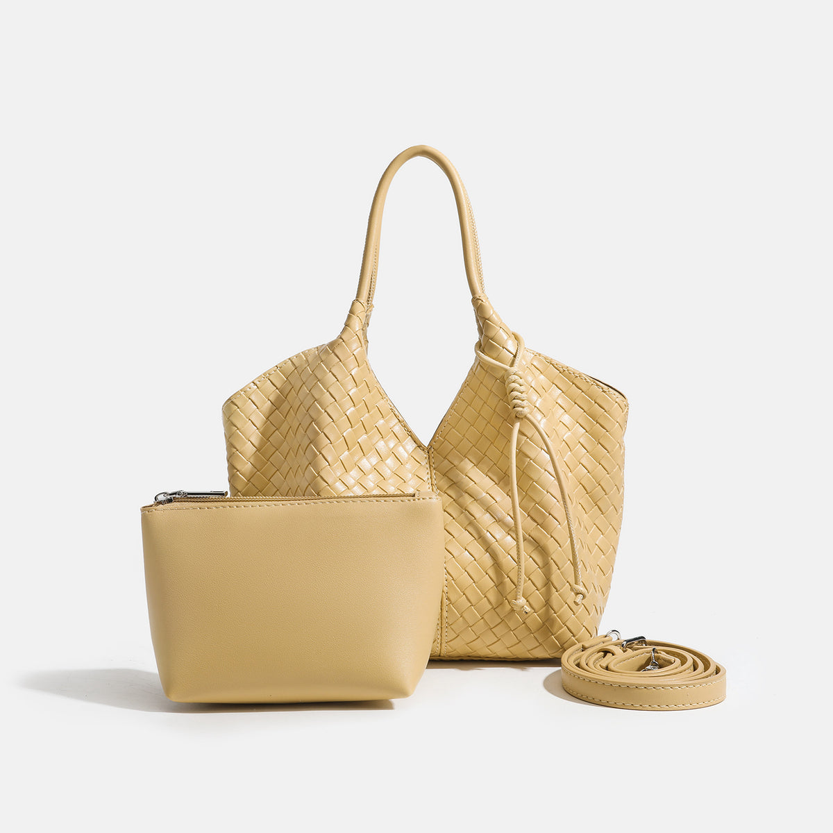 Soft-structured woven leather-look tote bag in yellow-gold with V-shaped open top, drawstring side detail, dual tubular