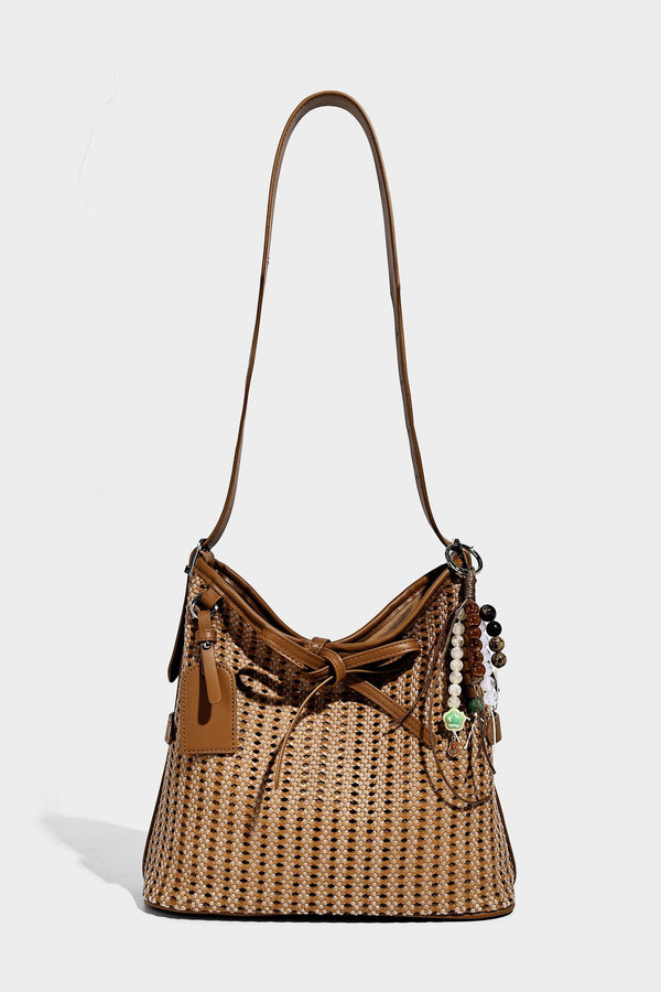 Slouchy open-weave shoulder tote bag with leather-look tan trim, tie-front closure, and long adjustable strap, detail view 23