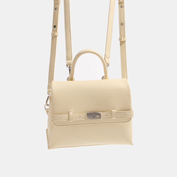 Structured matte leather-look convertible flap handbag with silver-tone turn-lock clasp and top handle, detail view 3