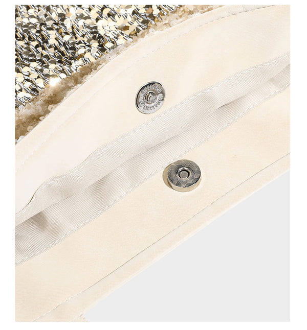 Sequin color-block shoulder tote bag with champagne and silver panels and cream leather-look straps, detail view 19