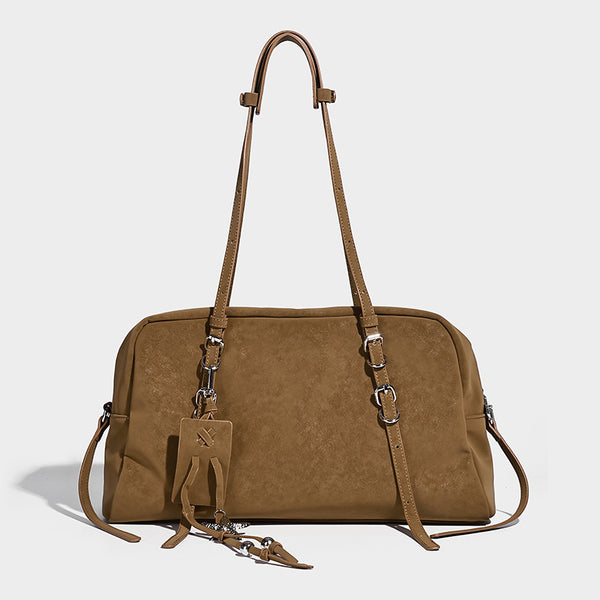 Structured rectangular matte suede-like shoulder bag with silver-tone hardware, zip closure, double top handles, and, detail