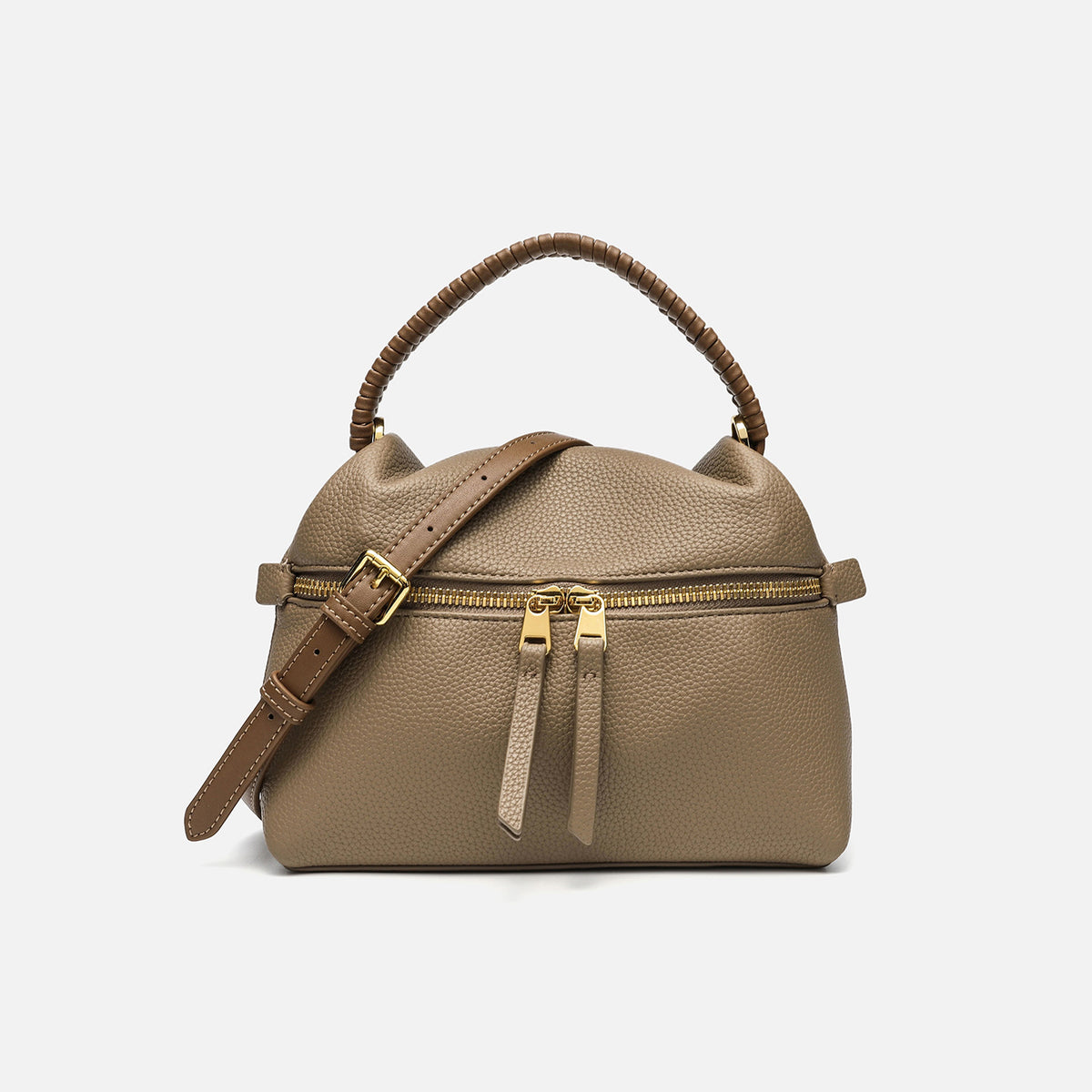 Kompakte Henkeltasche mit kuppelartiger Form in genarbter Lederoptik, doppeltem Reißverschluss, umwickeltem Henkel und goldfarbenen Beschlägen