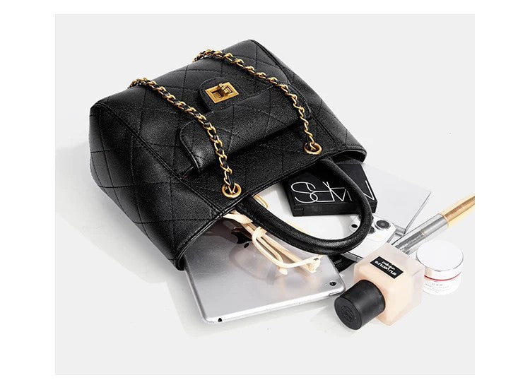 Diamond-quilted leather-look shoulder tote bag with gold-tone chain strap and dual top handles, detail view 17