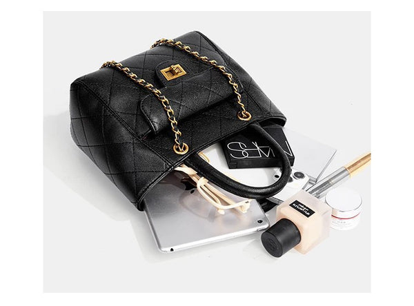 Diamond-quilted leather-look shoulder tote bag with gold-tone chain strap and dual top handles, detail view 17