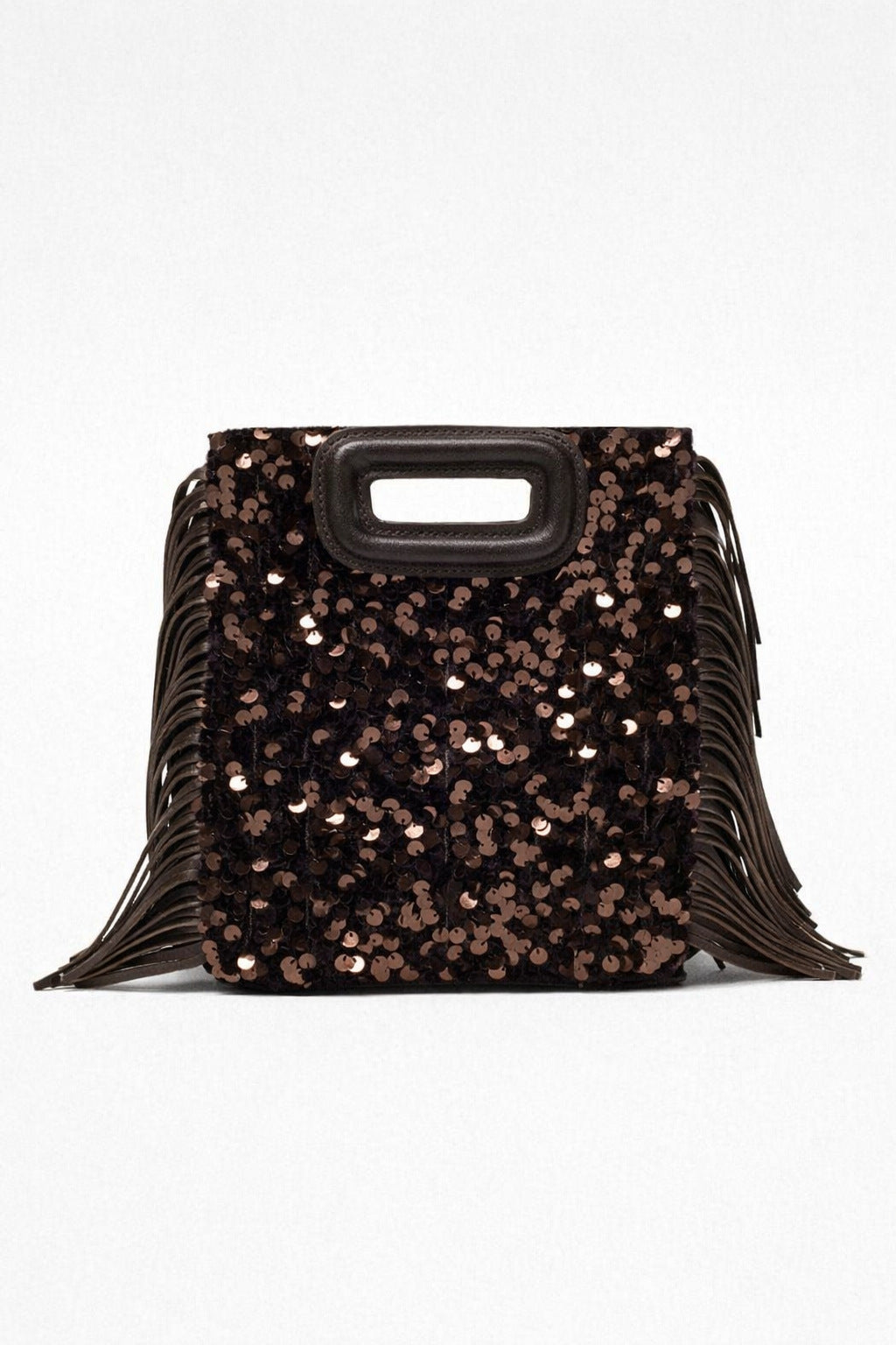 Small structured dark brown sequin handbag with leather-look fringe side trim and top cutout handle, detail view 11