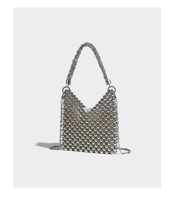 Small silver metallic beaded mini bag with braided rhinestone top handle and detachable chain crossbody strap, detail view 8