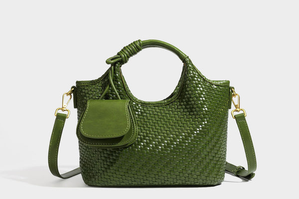 Woven leather-look tote bag in mocha brown with knotted top handle, front flap pocket, and detachable crossbody strap with