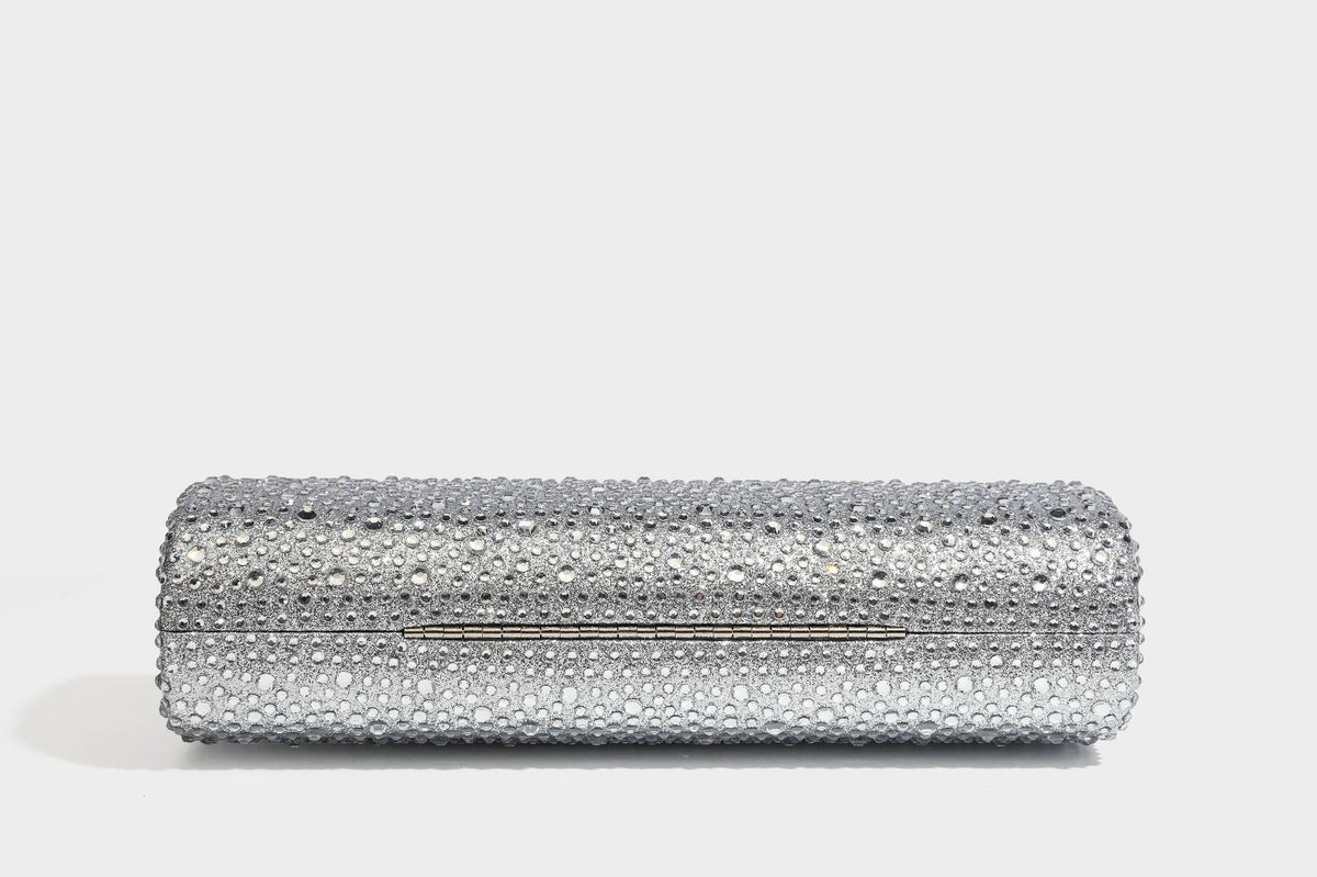 Structured rectangular hard-case clutch bag covered in all-over rhinestone crystal embellishment with curved kiss-lock top