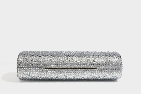 Structured rectangular hard-case clutch bag covered in all-over rhinestone crystal embellishment with curved kiss-lock top