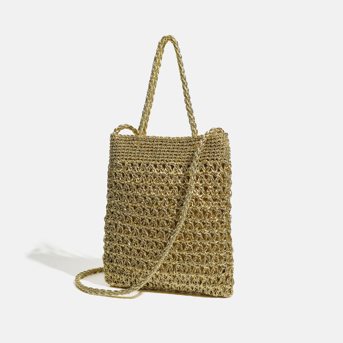 Small soft rectangular metallic crochet-weave shoulder bag with braided top handle and long crossbody strap, detail view 3